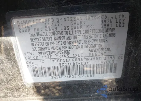 2018 Nissan Sentra Sv из США, поврежденный, VIN 3N1AB7AP0JY224687